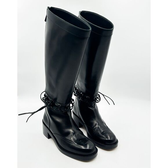 Chanel Knee High Boots Cap Toe Black Leather Lace Up Cutout - Picture 2 of 16